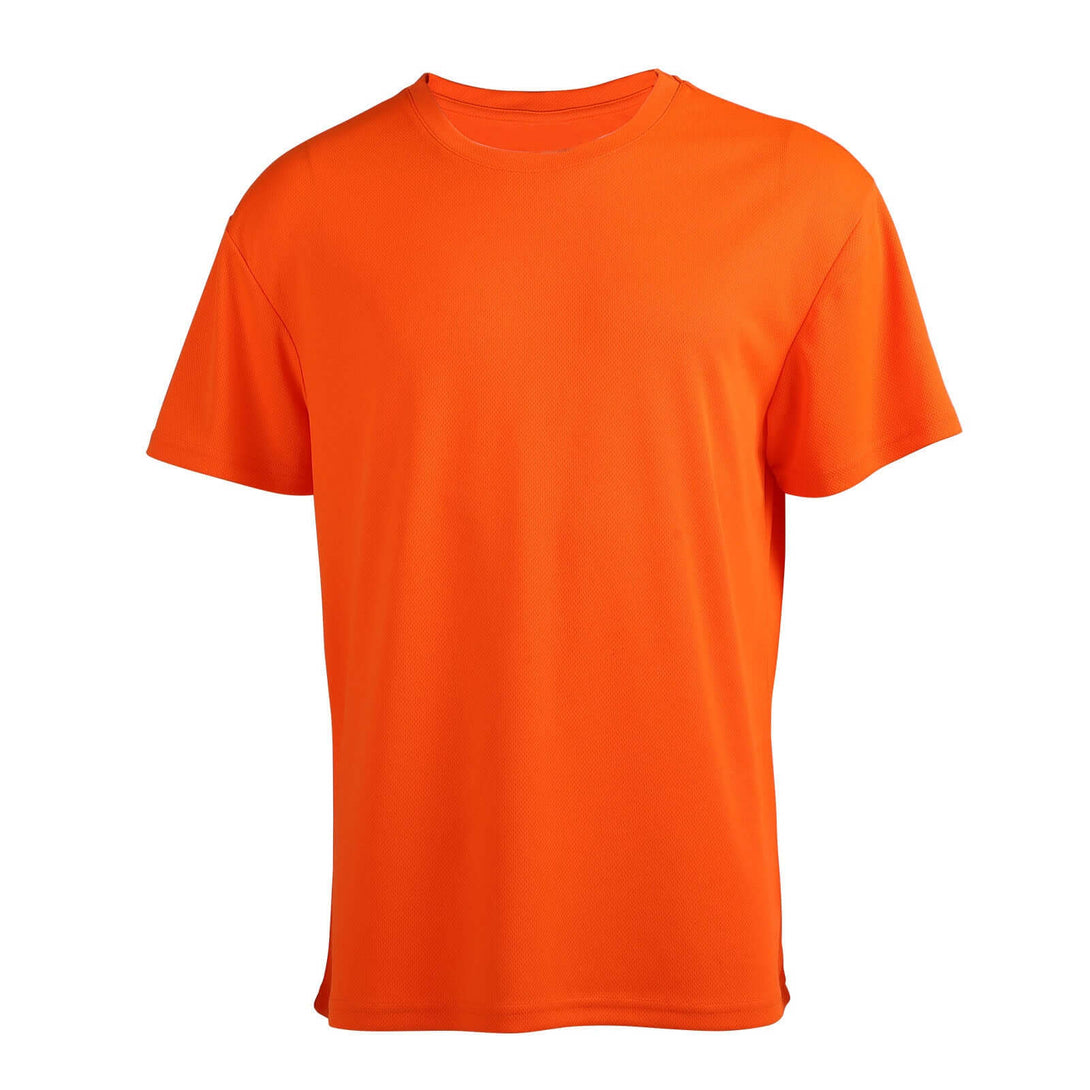 Orange RPET sports tee front - Quick-dry mesh sustainable bulk