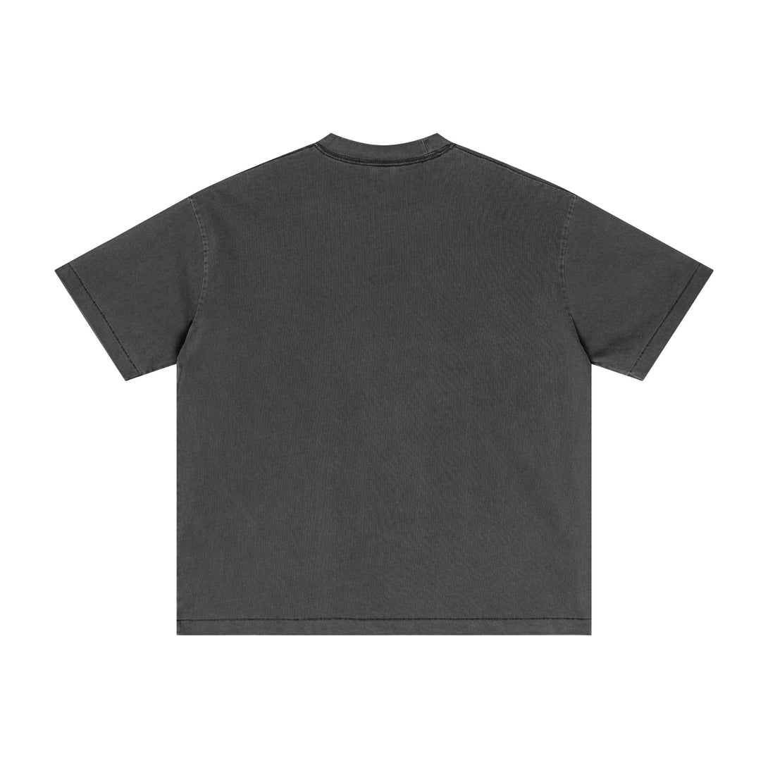Dark Gray pigment-dyed cotton tee back perspective with vintage wash effect. Bulk oversized distressed apparel.