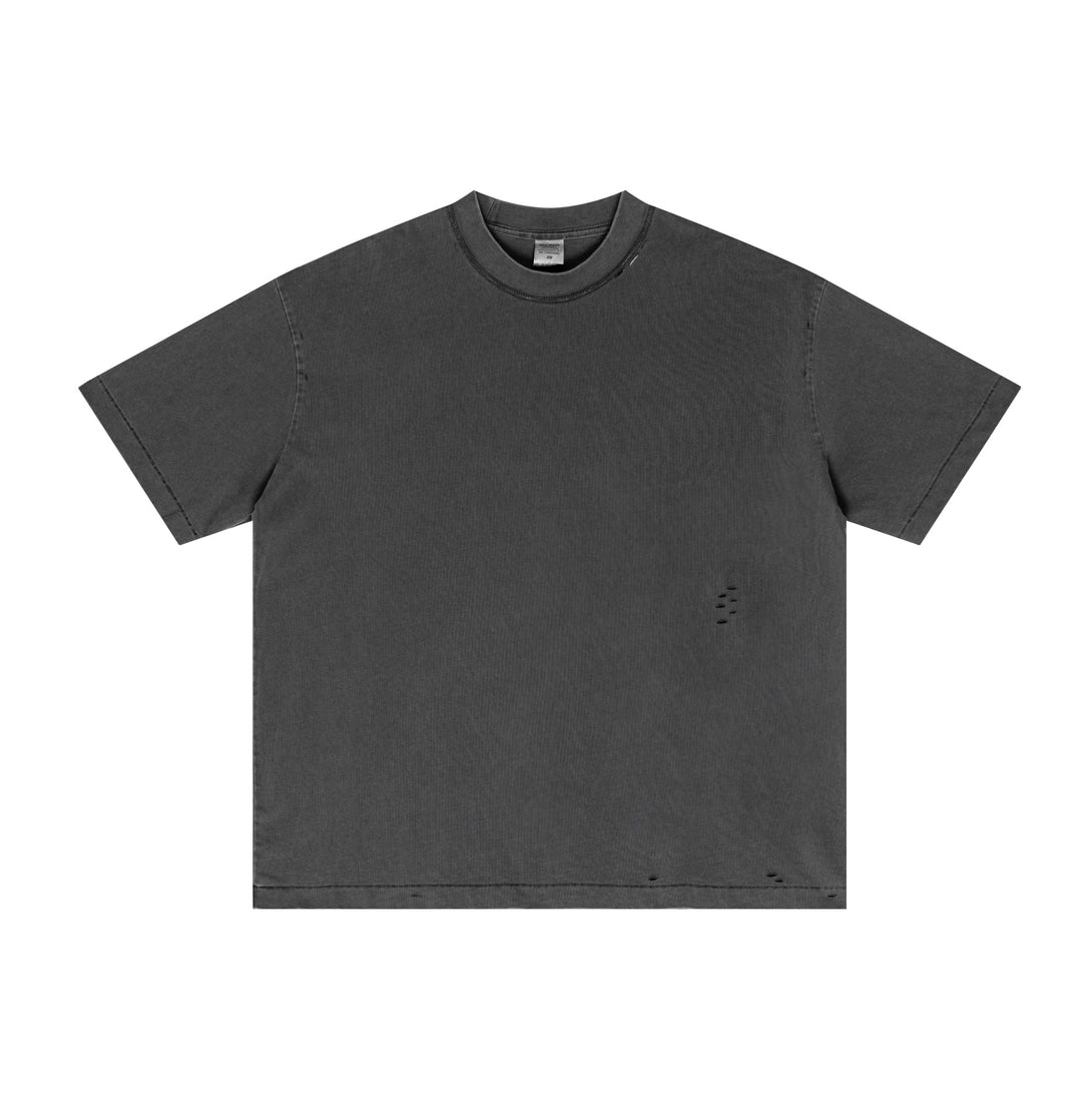 Dark Gray vintage wash cotton t-shirt featuring pigment-dyed texture and oversized fit, front. Distressed streetwear essential for bulk orders.