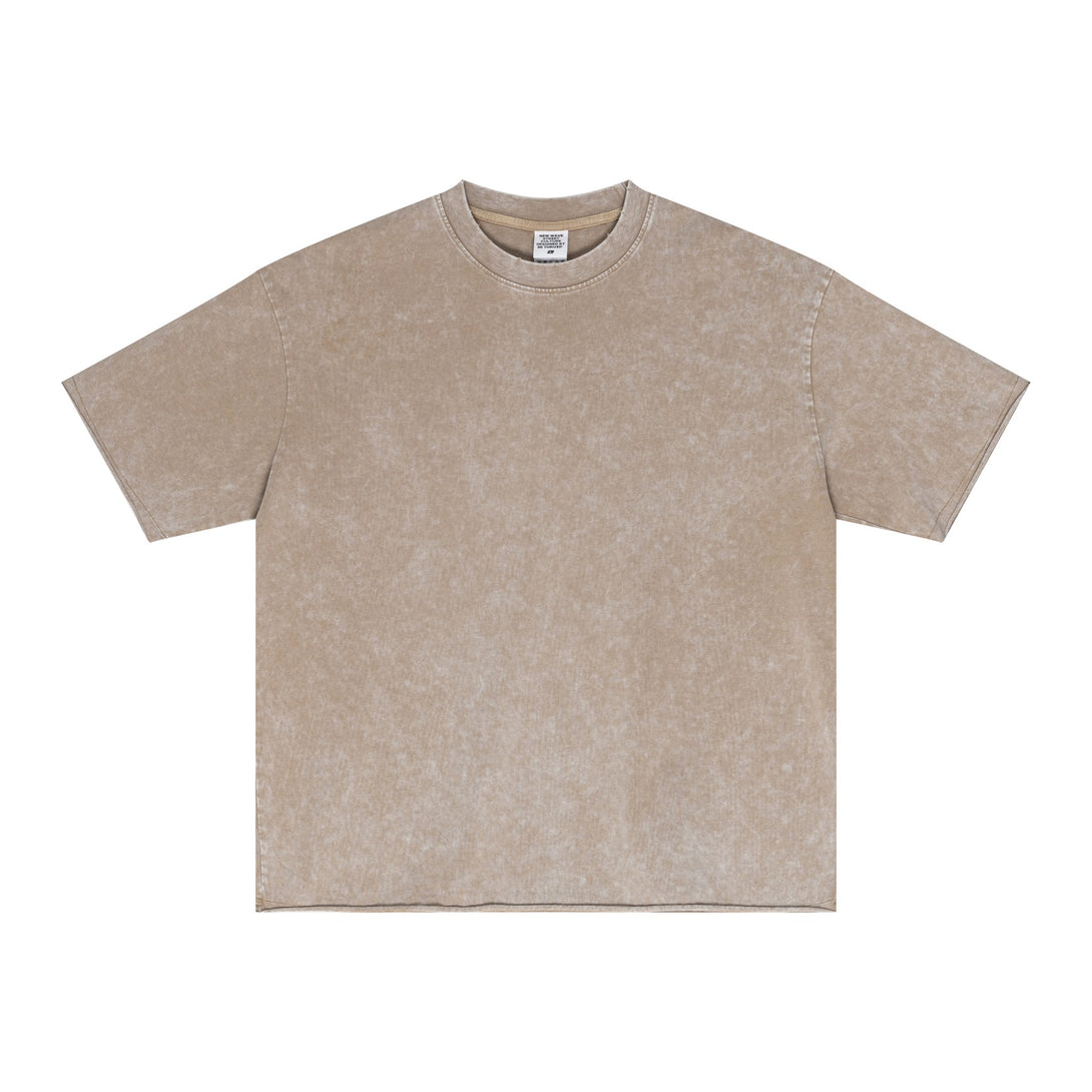 Khaki Vintage-Wash Oversized Tee Front | Raw-Edge Design | Sustainable Streetwear | Wholesale MOQ 20pcs