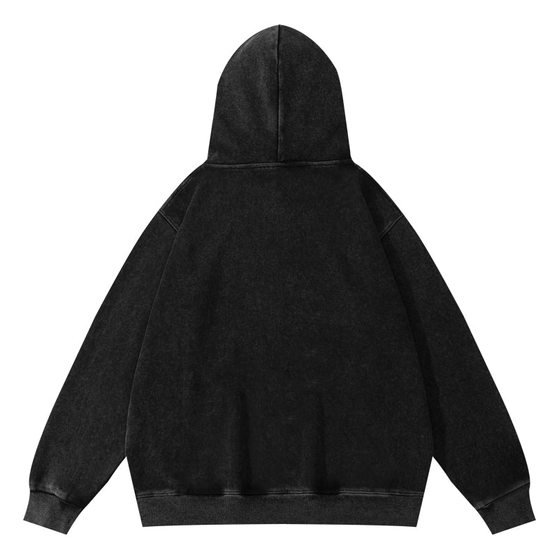 Black wax-dyed pullover hoodie back view with unique wax markings