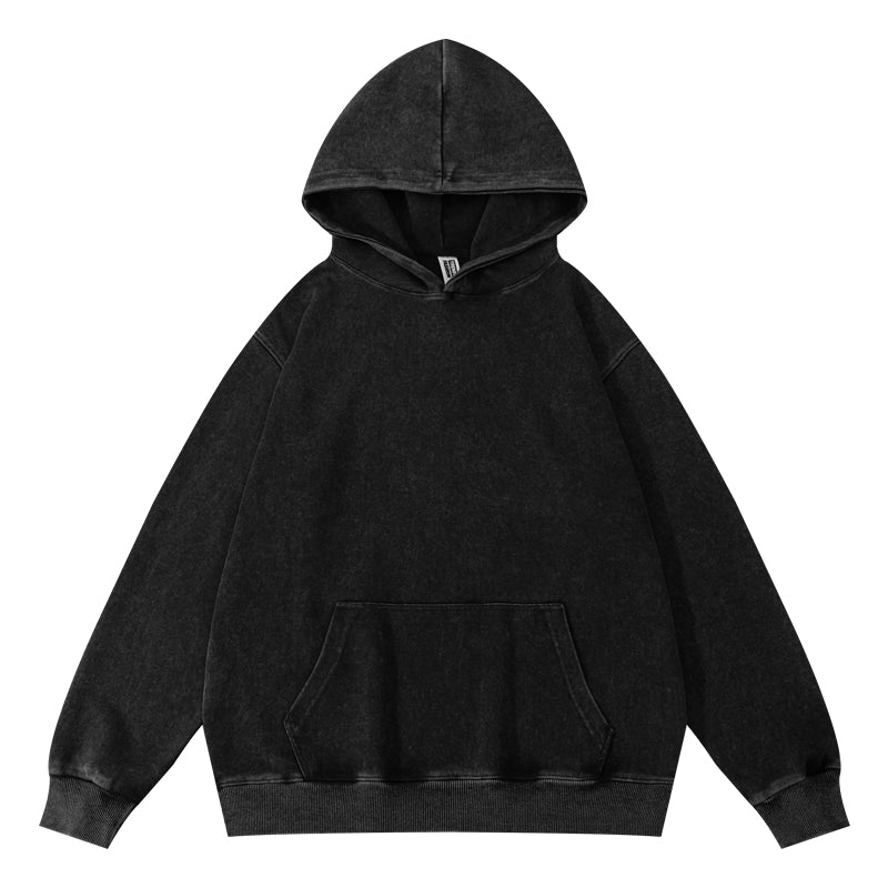 Black wax-dyed pullover hoodie front view with distressed effect