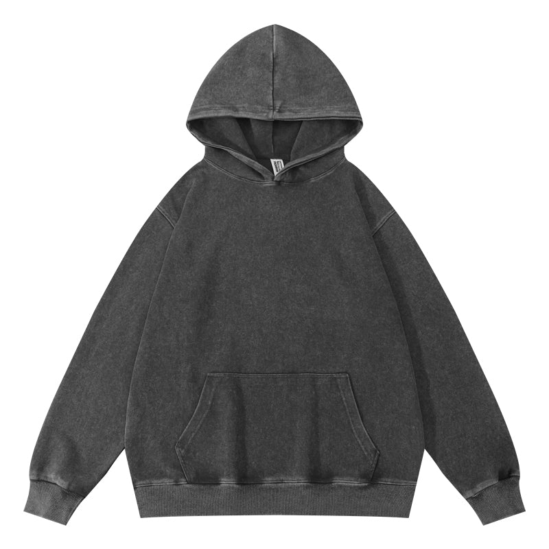 Front view of wax-dyed pullover hoodie in charcoal gray color
