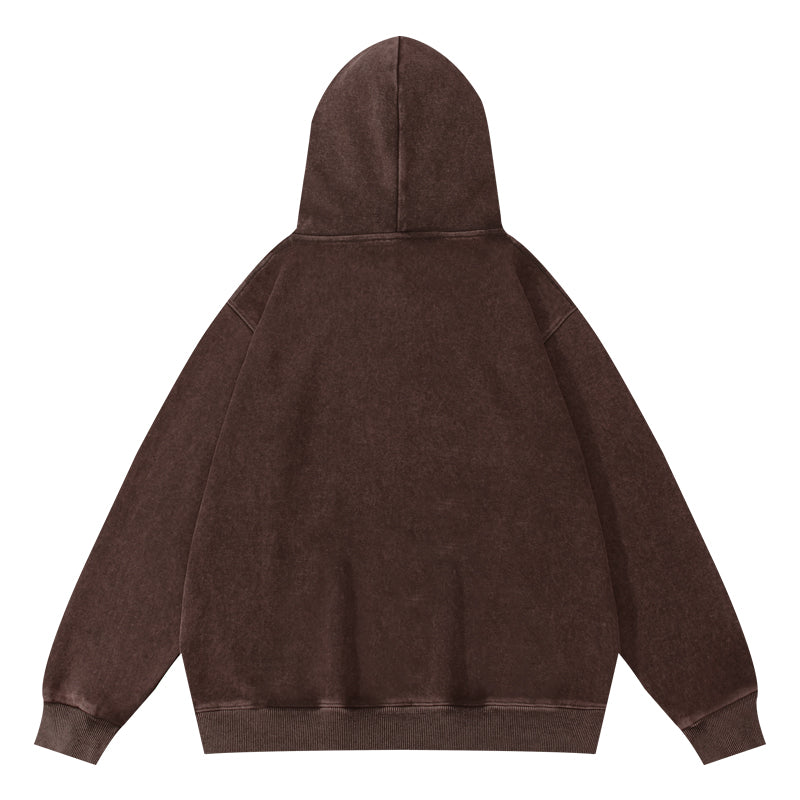 Back view of wax-dyed pullover hoodie in coffee brown showing full design