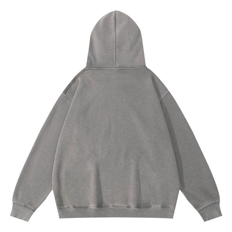 Gray wax-dyed pullover hoodie back view with distressed detailing