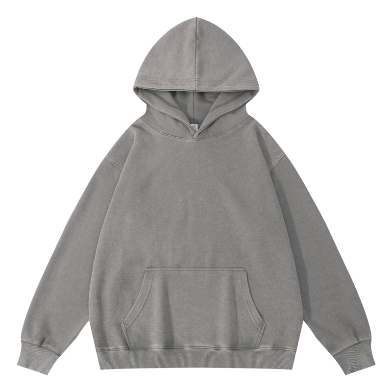 Gray wax-dyed pullover hoodie front view showing hood design