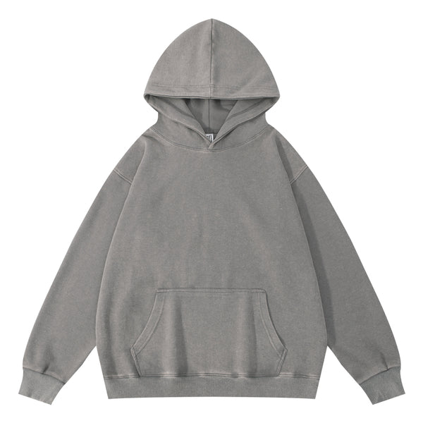 Gray wax-dyed pullover hoodie front view showing hood design