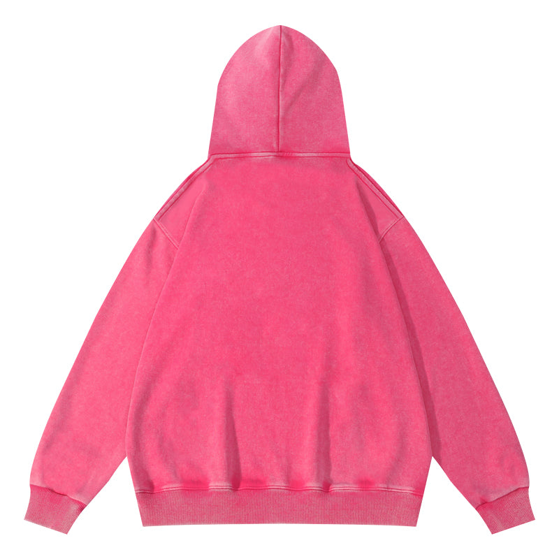 Rose red wax-dyed pullover hoodie back view showing wax resist pattern