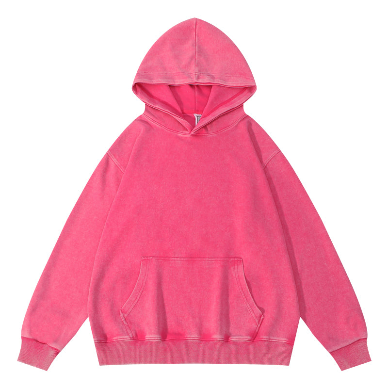 Rose red wax-dyed pullover hoodie front view with pocket