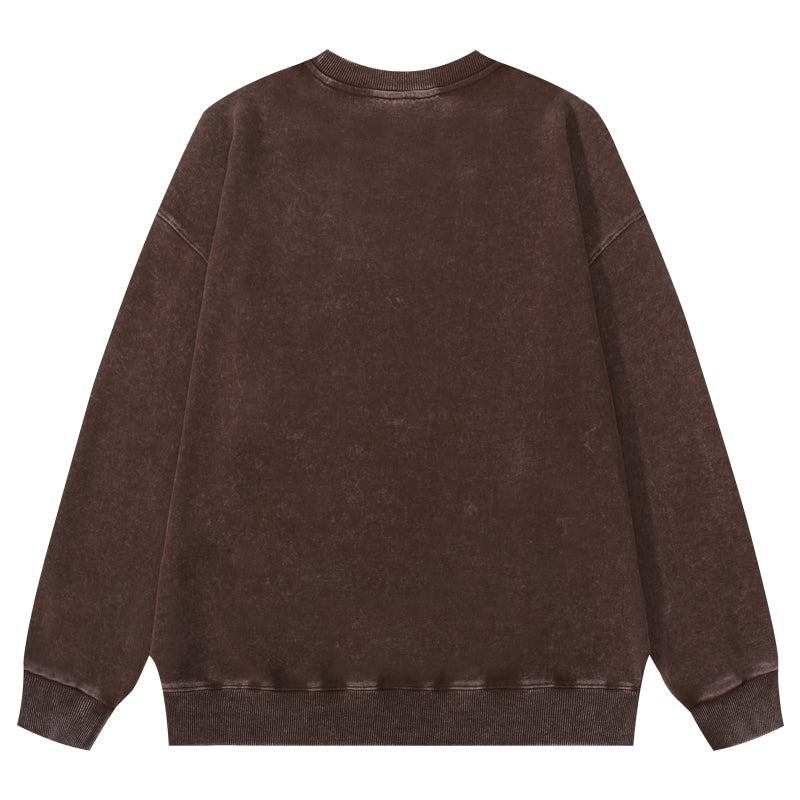 Back view of wax-dyed pullover sweatshirt in coffee brown