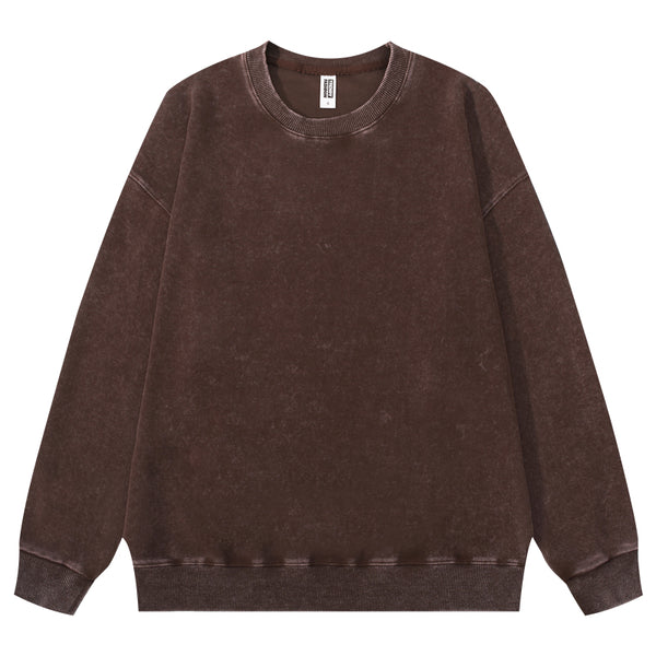 Front view of wax-dyed pullover sweatshirt in coffee brown