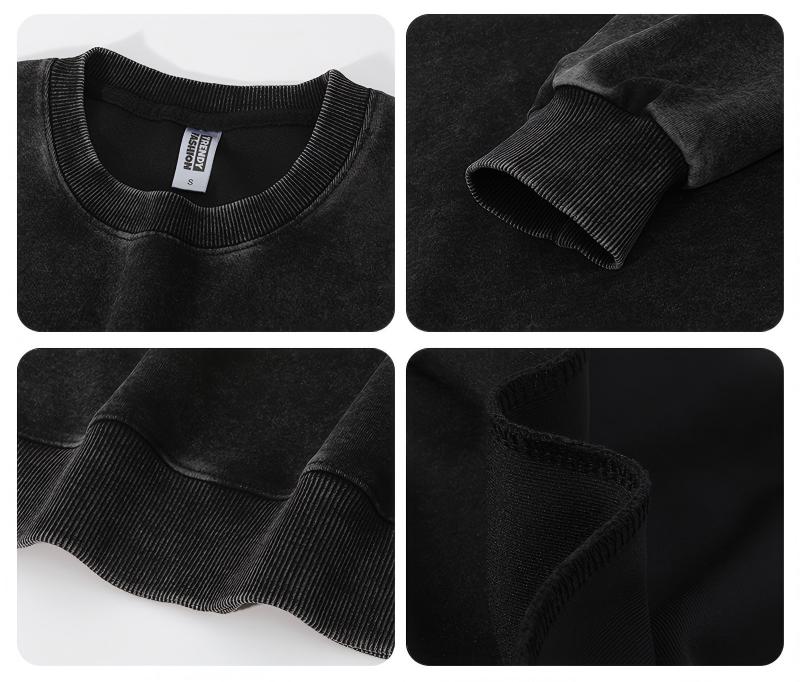 Detailed construction of wax-dyed pullover sweatshirt showing collar and stitching