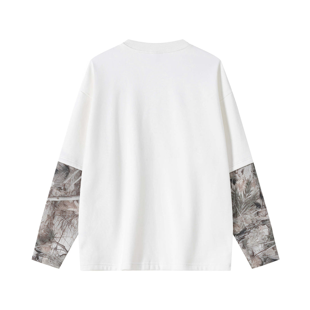 Men's 340g White Layered Camo Sweatshirt back view showcasing camouflage sleeve details.