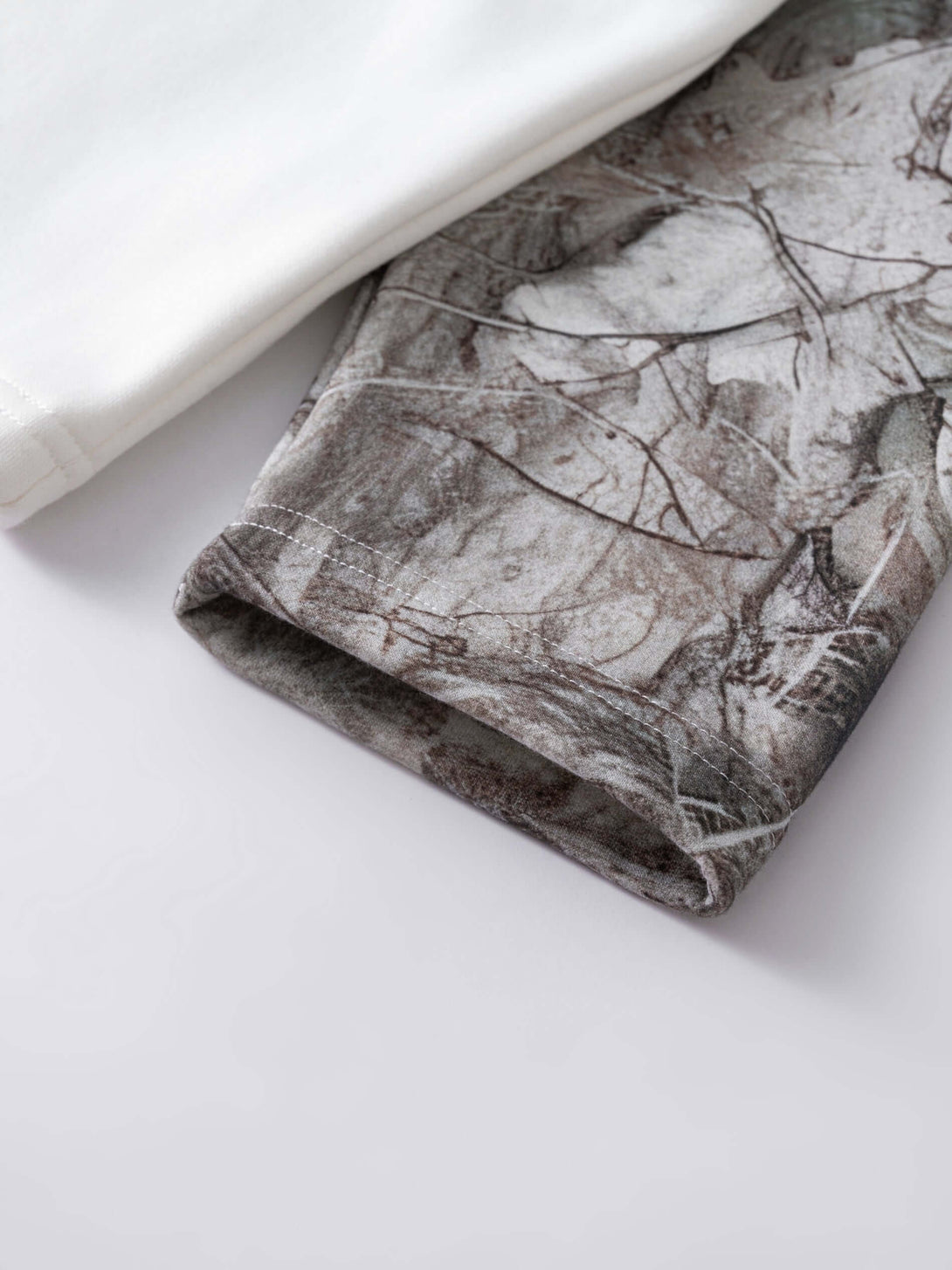 Men's 340g White Layered Camo Sweatshirt showcasing layered camouflage print detail.