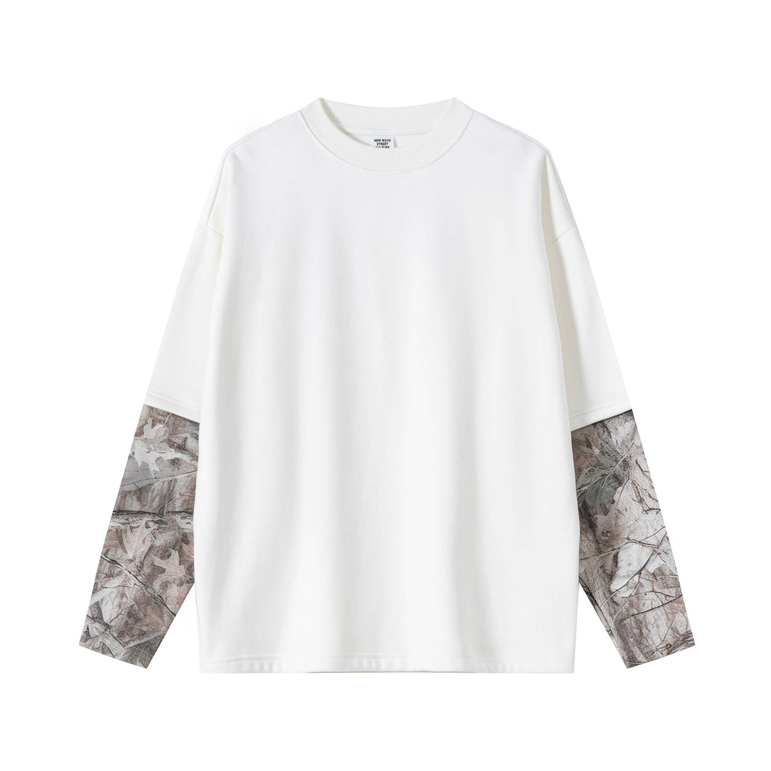 Men's 340g White Layered Camo Sweatshirt featuring a premium poly-cotton fabric and two-layer sleeve design.