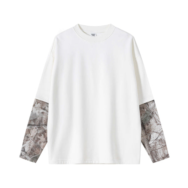Men's 340g White Layered Camo Sweatshirt featuring a premium poly-cotton fabric and two-layer sleeve design.