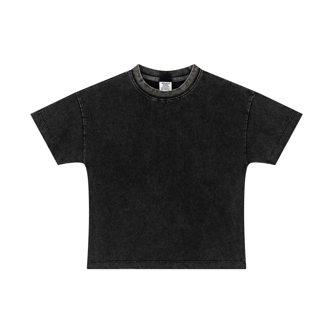 Black 100% cotton women's t-shirt front with vintage wash texture and streetwear staple design.