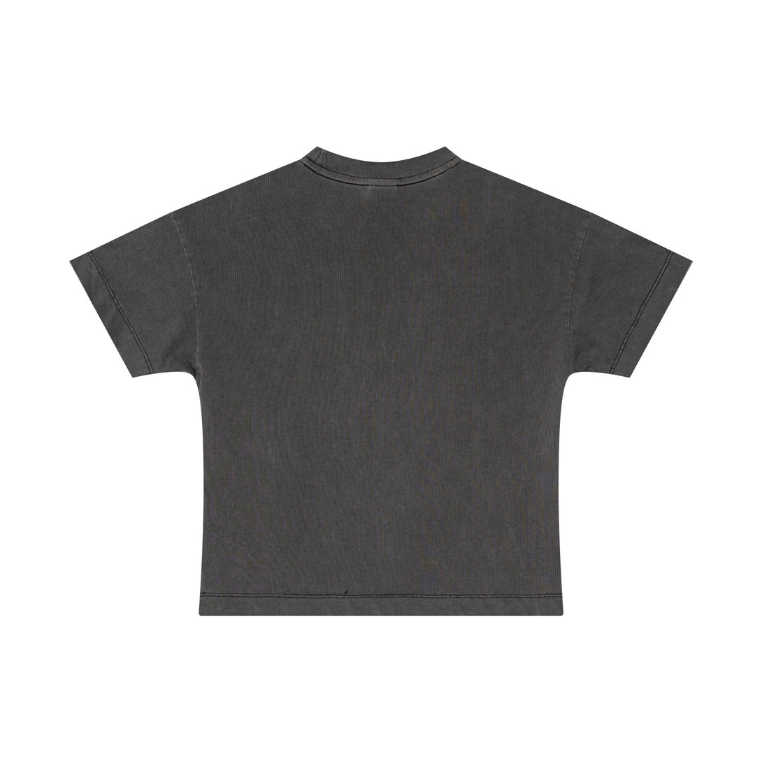 Back view of Dark Gray women's oversized cotton tee showcasing breathable fabric and distressed detailing.
