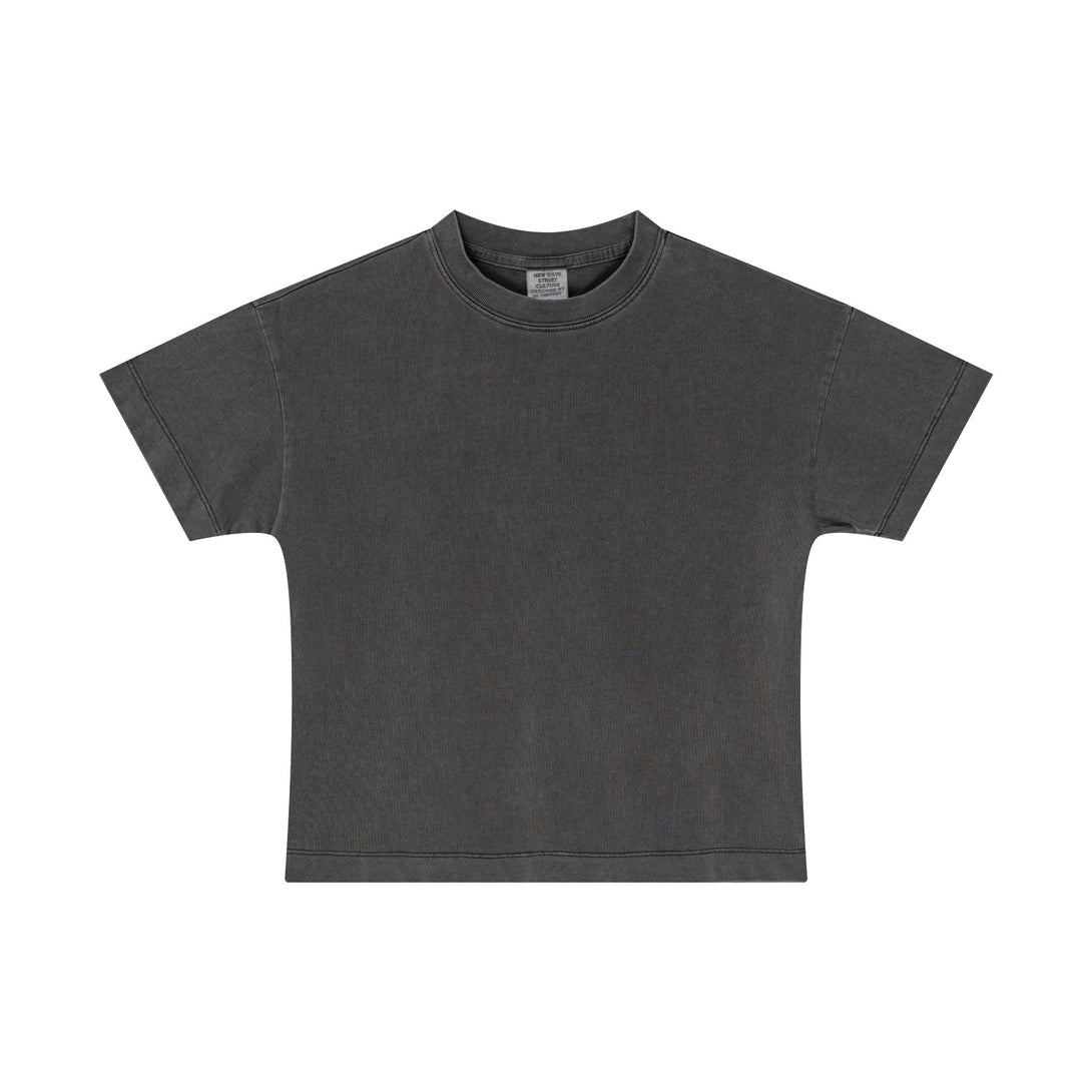 Front view of Women's Dark Gray 100% Cotton Tee with artisan vintage wash, textured weave, and relaxed streetwear fit.