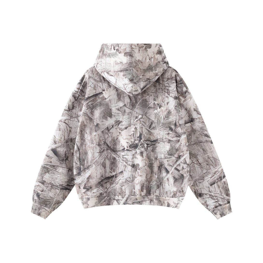 Men's Woodland Camo Hoodie - Back view of heat transfer print hooded sweatshirt with camouflage fabric.