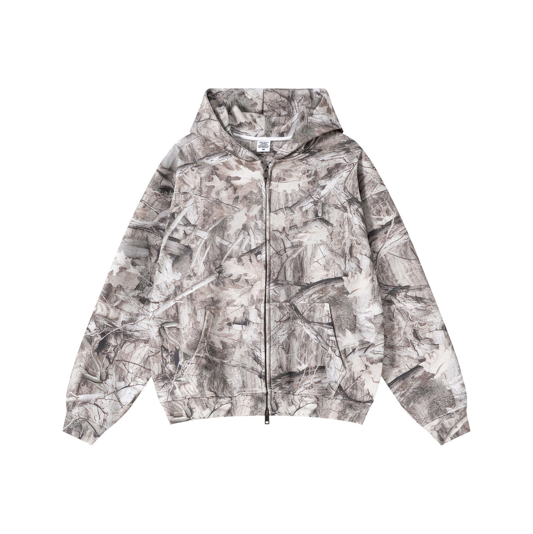 Men's 340g Woodland Camo Zip Up Hoodie - Heavyweight Jacket with durable heat transfer camouflage print.