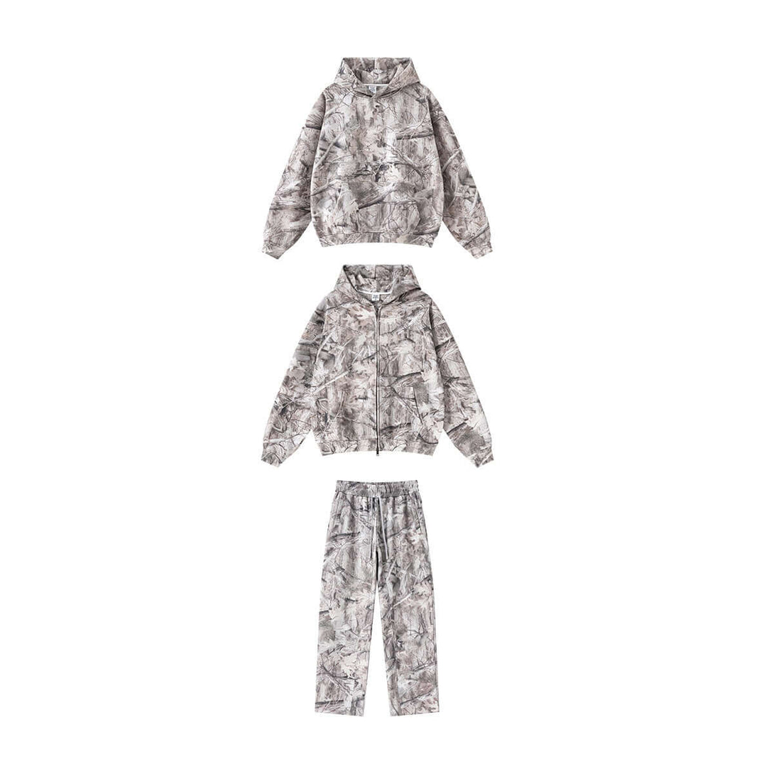 Men's 340g Woodland Camo Zip Up Hoodie - Heavyweight Jacket with matching pants in camo print.