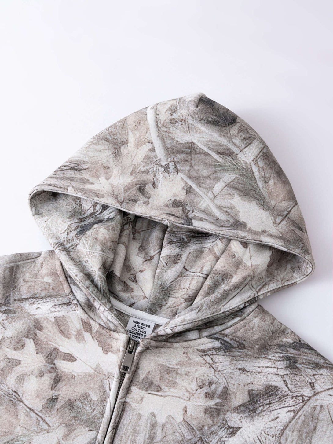 Men's 340g Woodland Camo Zip Up Hoodie showcasing detailed camouflage print and hood design.
