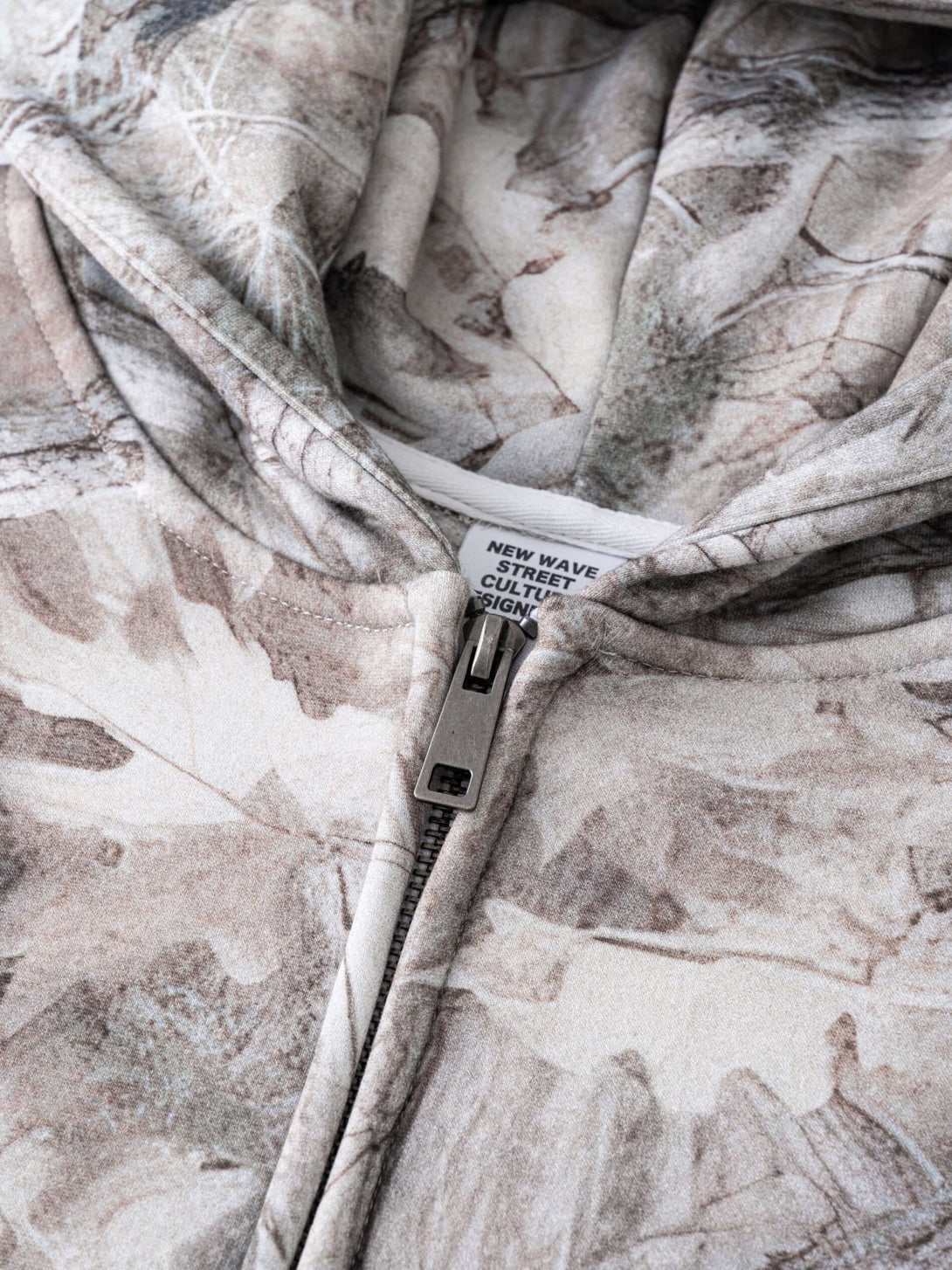 Men's 340g Woodland Camo Zip Up Hoodie with durable heat transfer camouflage print and two-way zipper.