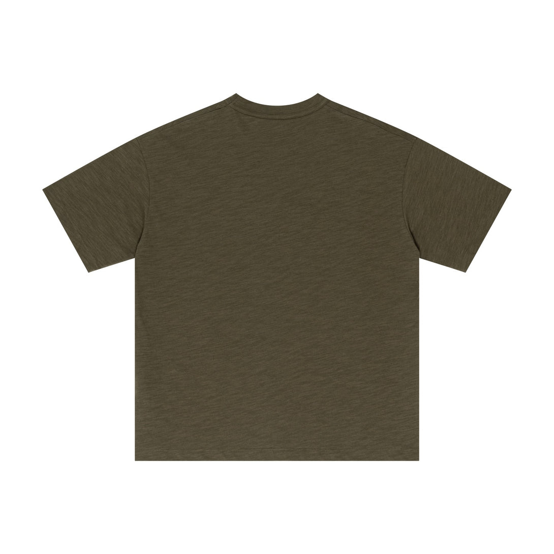 Back angle of Army Green breathable cotton t-shirt, yarn-dyed technique for wholesale buyers.