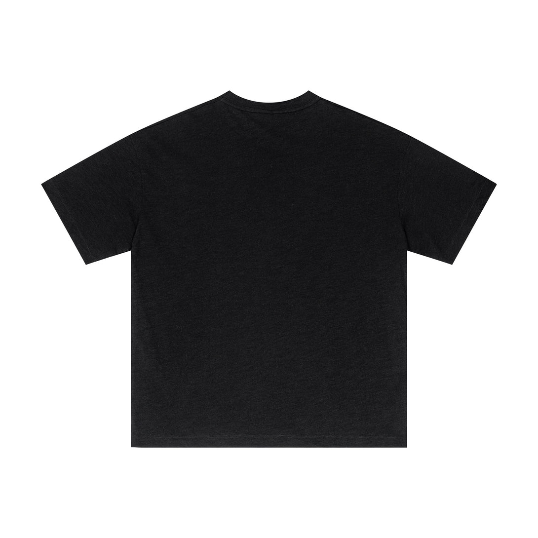 Back view of Black breathable cotton t-shirt, yarn-dyed process consistency for bulk production.