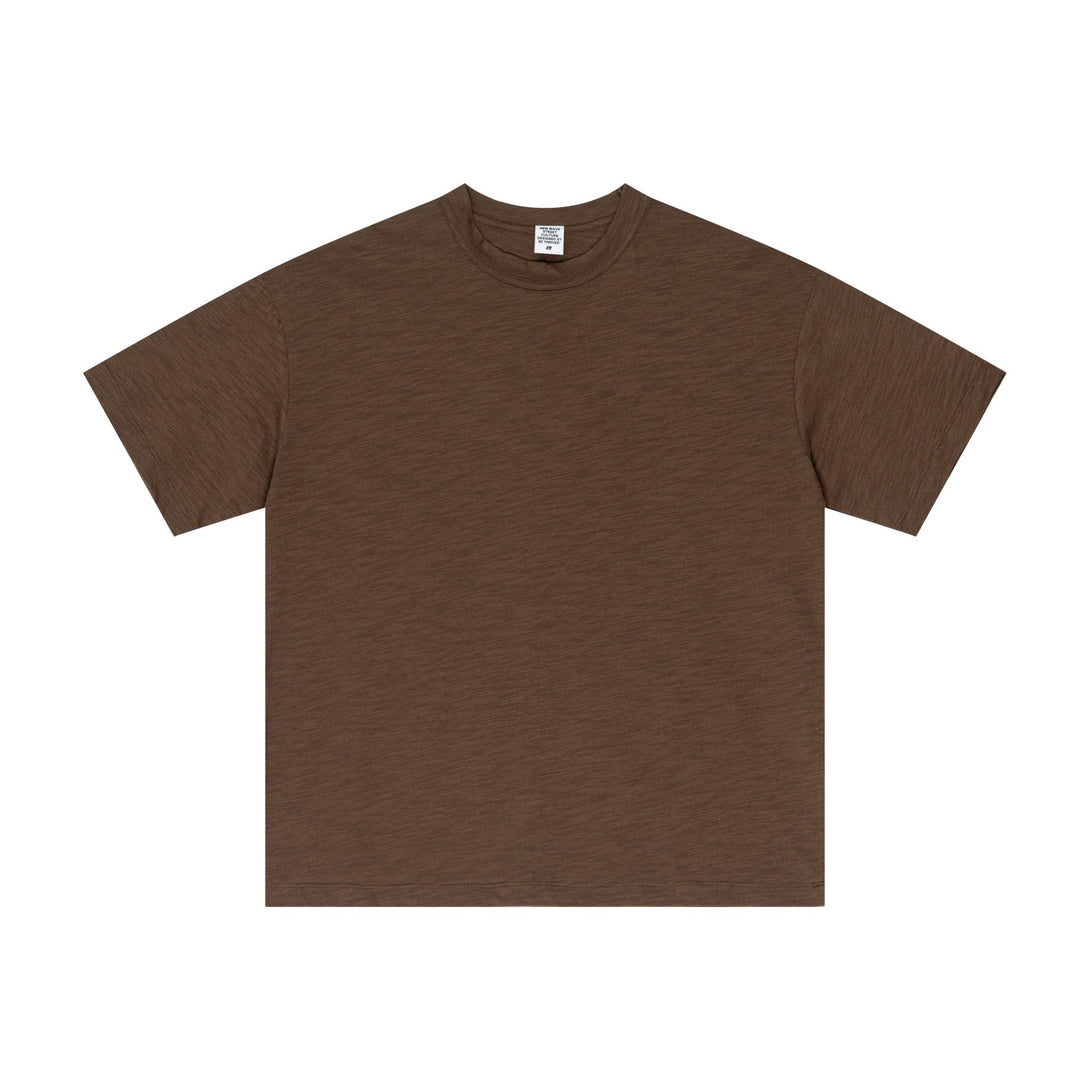 Brown 100% cotton tee front with yarn-dyed textured fabric, casual staple for bulk orders.