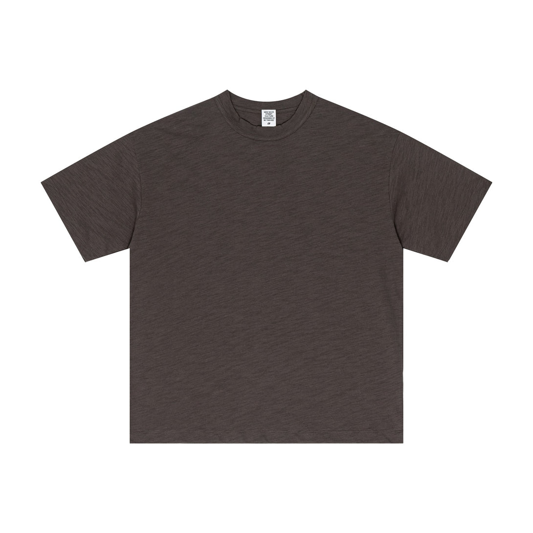 Front view of Dark Gray 100% Cotton Tee with yarn-dyed technique and textured weave, breathable casual essential for wholesale.