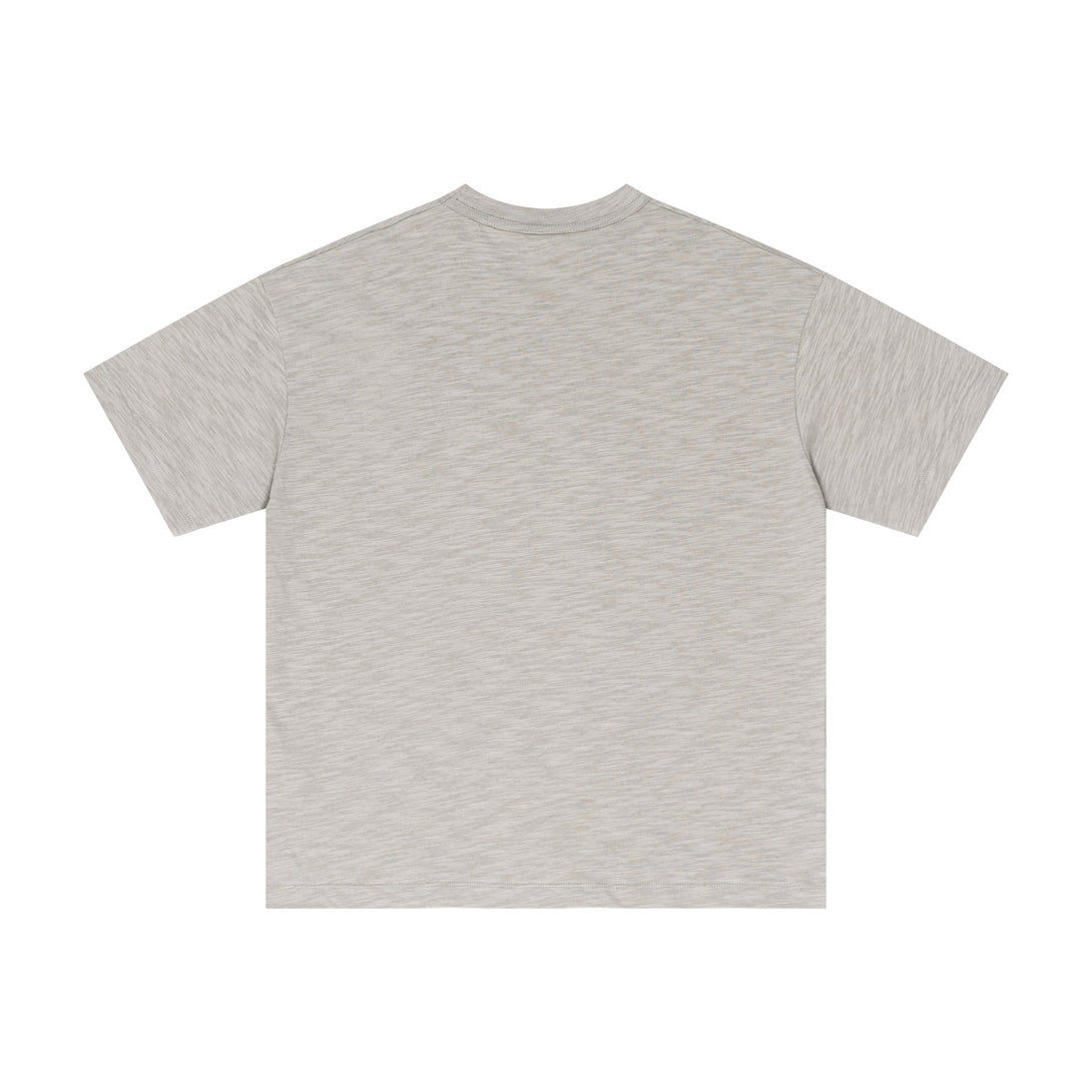 Back angle of Light Gray 100% cotton t-shirt with yarn-dyed texture, supply chain quality control view.